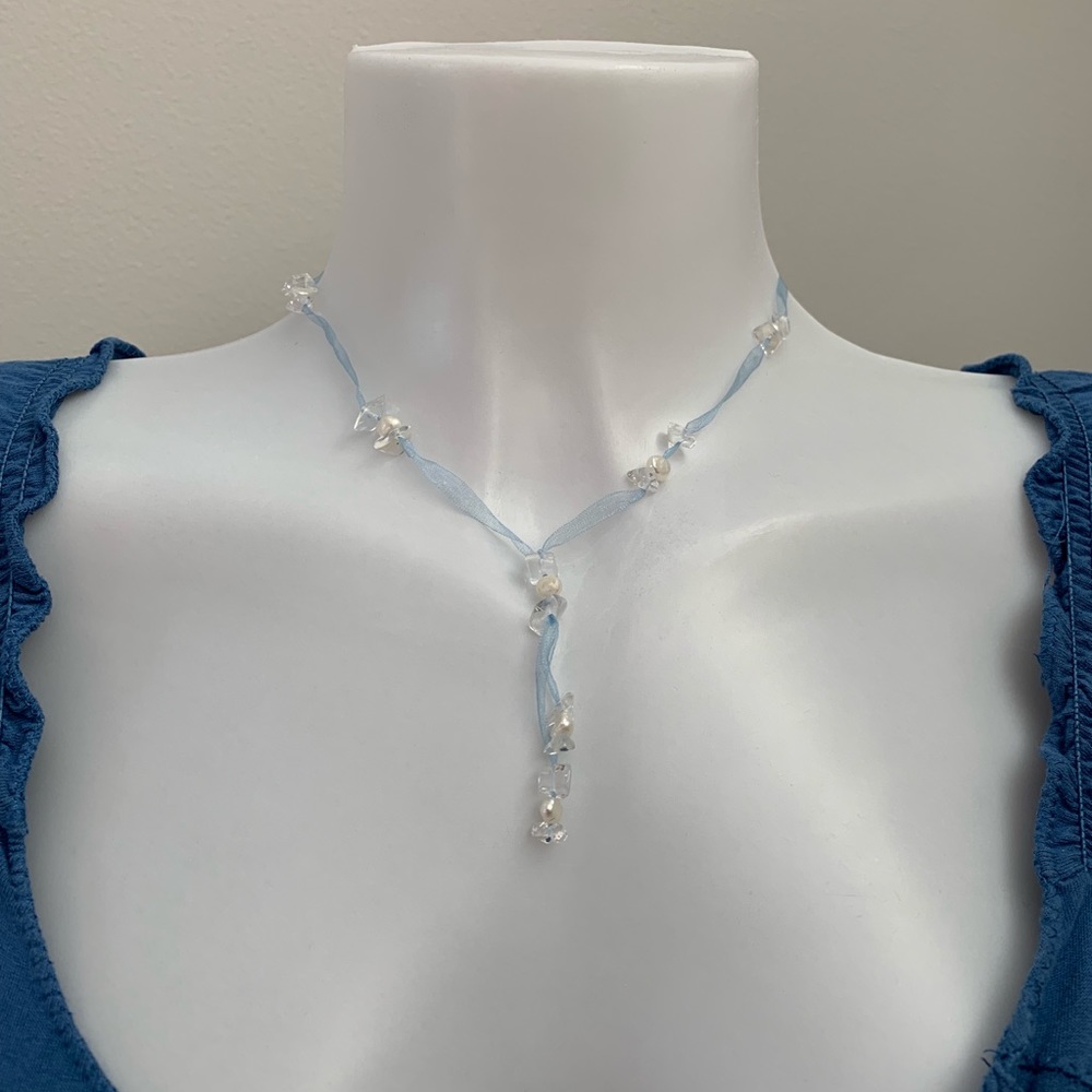 Blue Ribbon Choker with Pearl and Crystal Detail